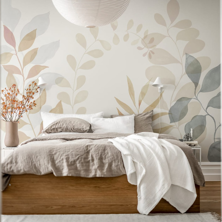 Tapet cu frunze delicate în nuanțe de liliac și verde, în design minimalist.