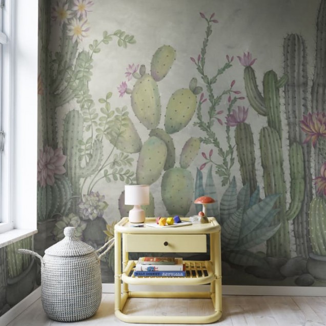 Tapet cu design de cactuși, perfect pentru a adăuga o notă de culoare și stil modern oricărui spațiu.