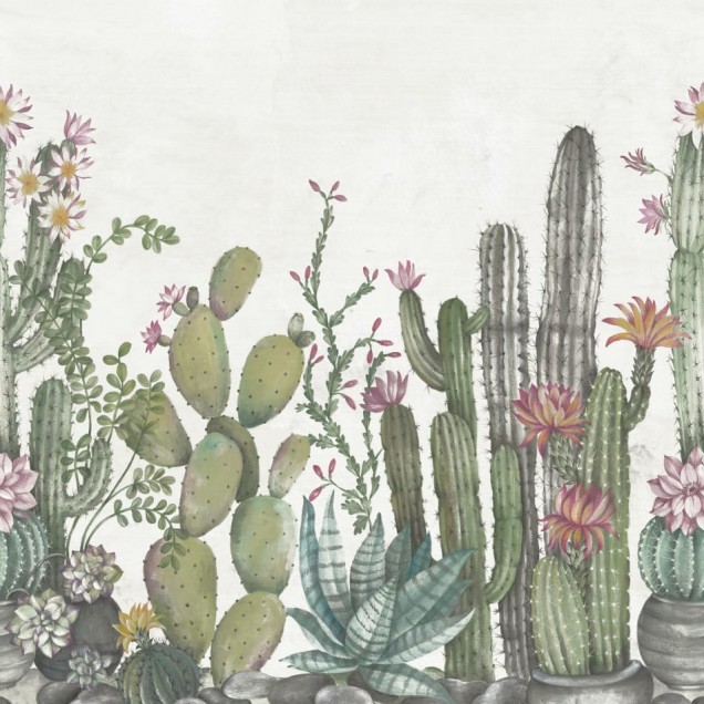 Tapet cu cactusi, design jucaus, culori pastelate, ideal pentru un decor modern.
