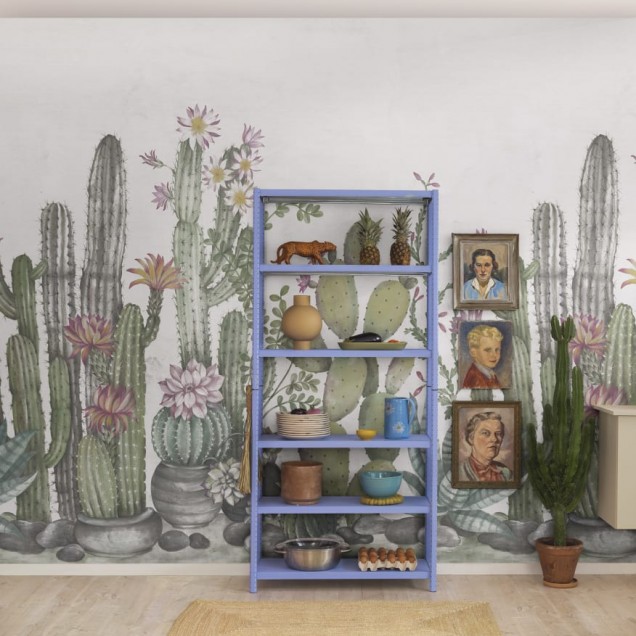 Tapet cu cactusi, design jucaus, culori pastelate, ideal pentru un decor modern.