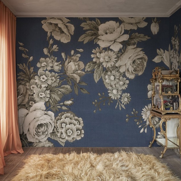 Tapet floral albastru inchis cu flori delicate, perfect pentru dormitoare, sufragerii sau holuri
