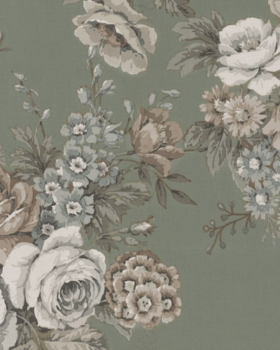 Tapet floral Efraim, Verde Deschis, cu flori mari pictate pe un fundal verde deschis.