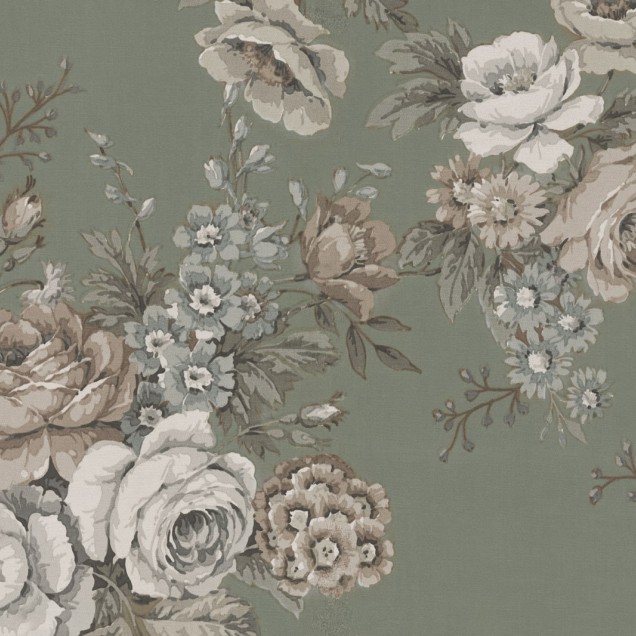 Tapet floral Efraim, Verde Deschis, cu flori mari pictate pe un fundal verde deschis.