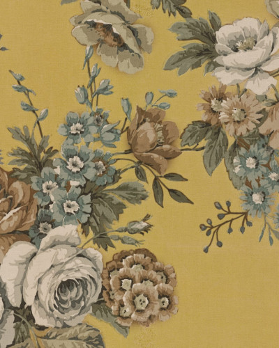 Tapet floral cu flori galbene și pastelate, ideal pentru decorarea dormitorului.
