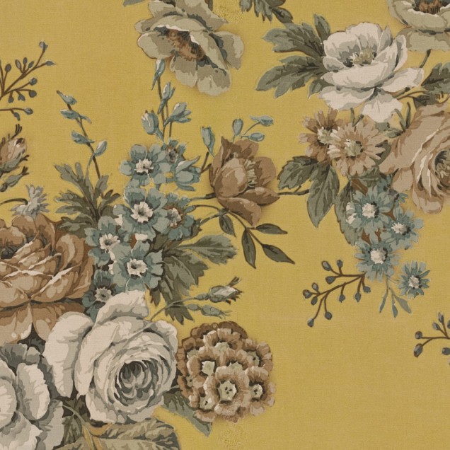 Tapet floral cu flori galbene și pastelate, ideal pentru decorarea dormitorului.