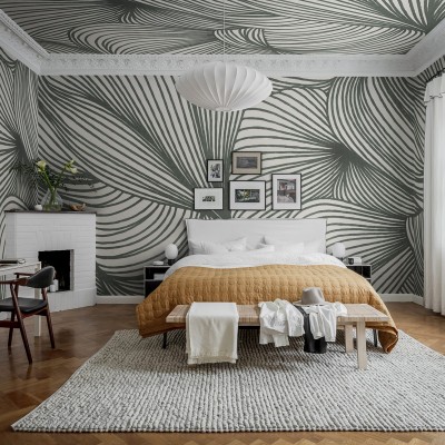 Tapet abstract cu linii curbe și contururi delicate în nuanțe de verde mușchi