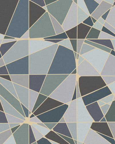Tapet Facet, Blue, cu design geometric modern, in nuante de albastru.  Tapetul este prezentat intr-o bucatarie cu un design modern.