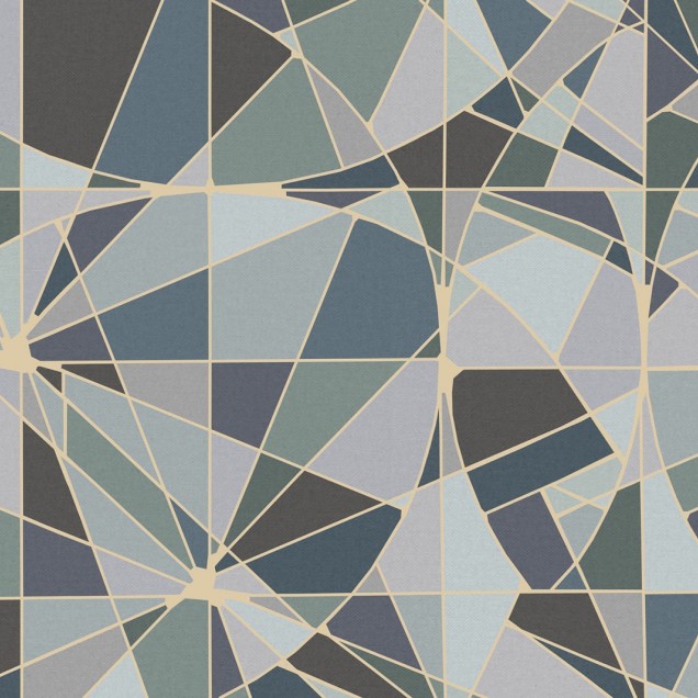Tapet Facet, Blue, cu design geometric modern, in nuante de albastru.  Tapetul este prezentat intr-o bucatarie cu un design modern.