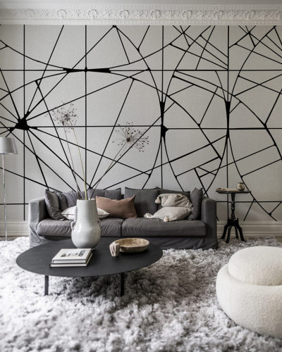 Tapet geometric cu linii negre pe fond gri deschis.