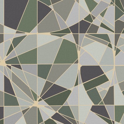 Tapet geometric cu accente aurii, cu modele in nuante de verde si gri,  pentru decorul interior