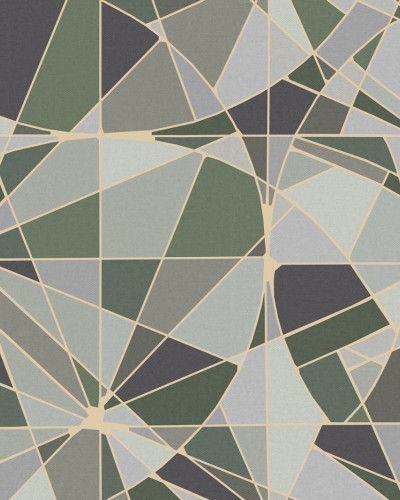 Tapet geometric cu accente aurii, cu modele in nuante de verde si gri,  pentru decorul interior