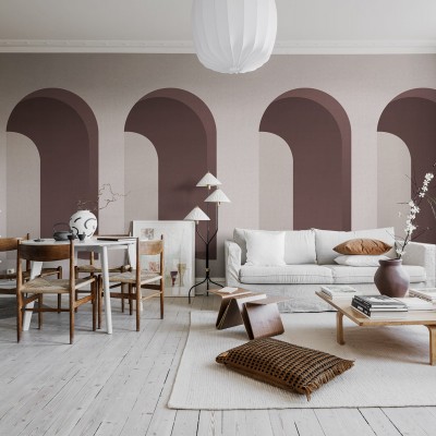 Tapet roz cu arcade geometrice, in living
