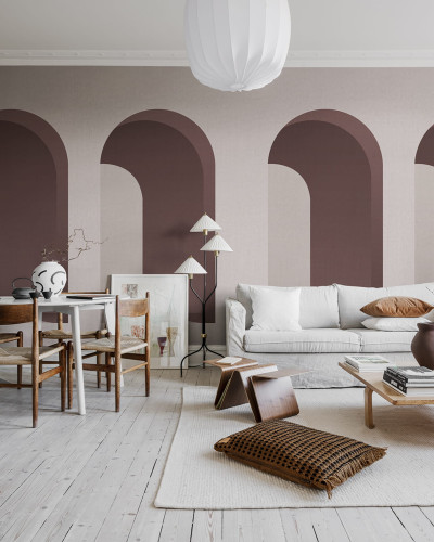 Tapet roz cu arcade geometrice, in living
