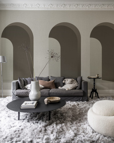 Tapet decorativ cu arce elegante într-un living modern