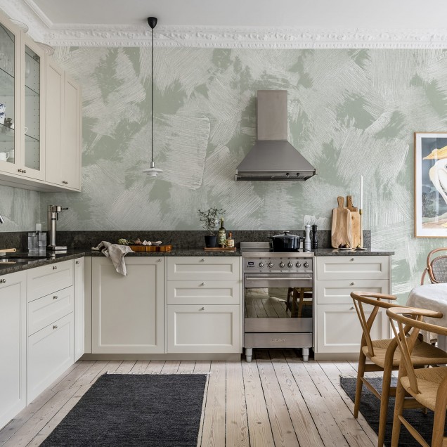 Brush, Verde -  cu linii albe pe un fundal verde, decorare perete.