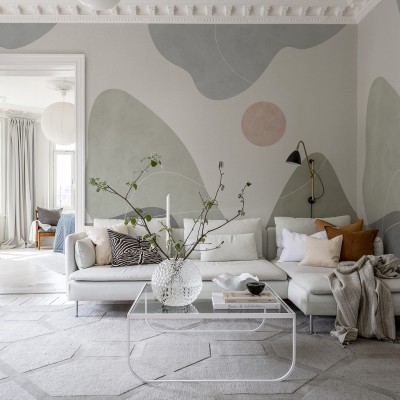 Tapet Terrain, Verde, cu design abstract modern, forme organice și culori neutre. Tapetul este perfect pentru un look calm și elegant.