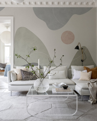 Tapet Terrain, Verde, cu design abstract modern, forme organice și culori neutre. Tapetul este perfect pentru un look calm și elegant.