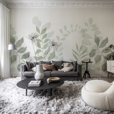 Fototapet cu design de frunze verzi în living