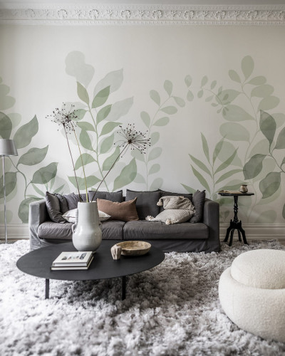 Fototapet cu design de frunze verzi în living