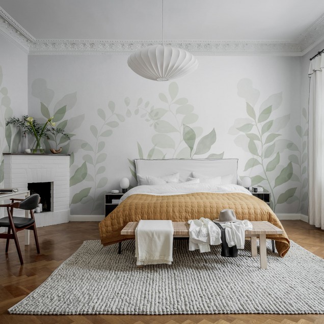 Fototapet cu frunze verzi delicate într-un living modern