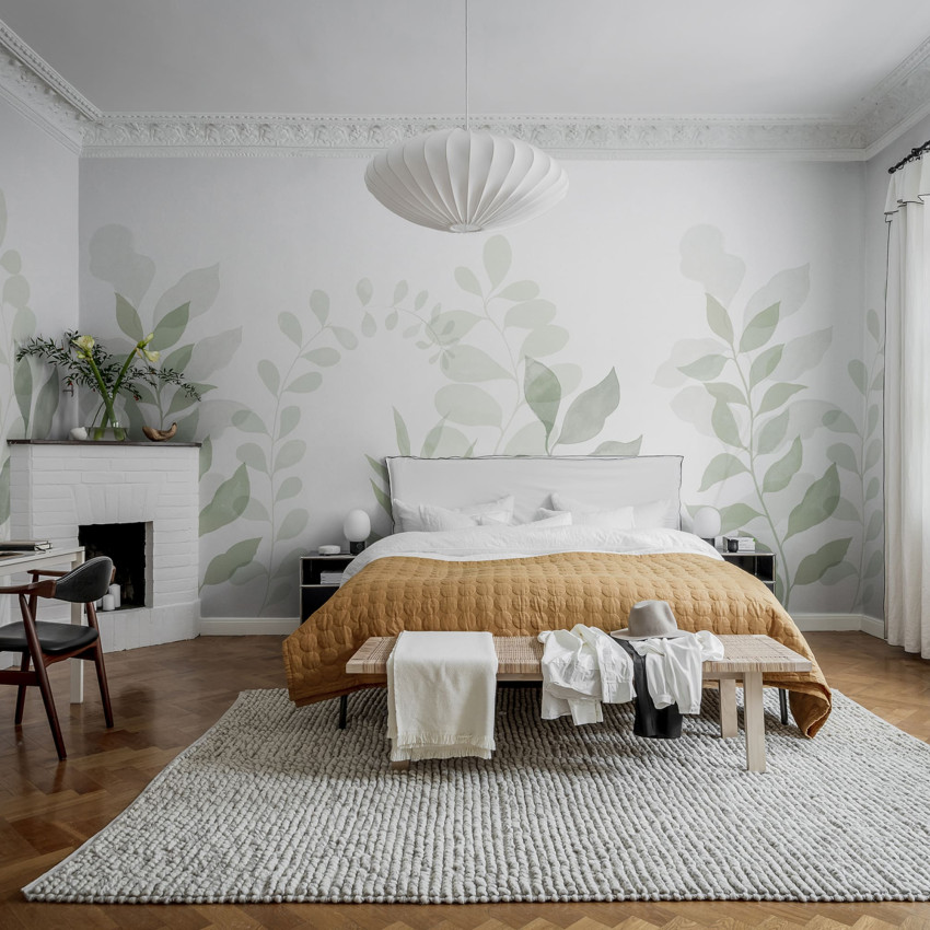 Fototapet cu design frunze stilizate în living