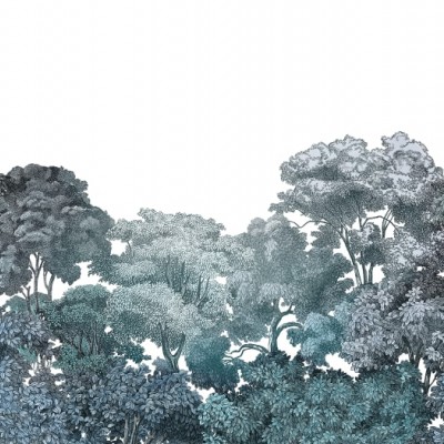 Tapet Bellewood, Teal cu design grafic minimalist, infatiseaza o padure in nuante de verde deschis si albastru.