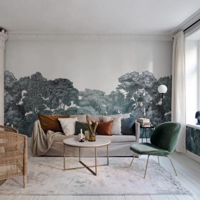Tapet Bellewood, Teal cu design grafic minimalist, infatiseaza o padure in nuante de verde deschis si albastru.