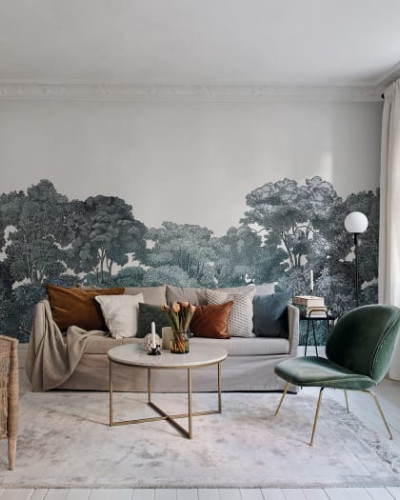 Tapet Bellewood, Teal cu design grafic minimalist, infatiseaza o padure in nuante de verde deschis si albastru.