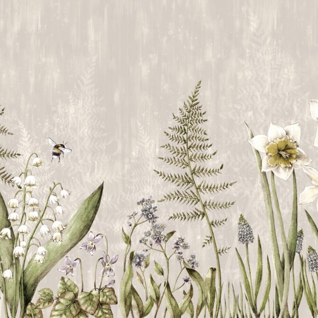 Tapet cu flori și albine, cu narcise, ferigi și albine pe un fundal gri deschis