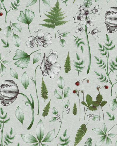 Tapet floral verde cu design delicat, perfect pentru a crea o atmosferă relaxantă și primitoare.