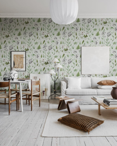 Tapet floral verde cu design delicat, perfect pentru a crea o atmosferă relaxantă și primitoare.