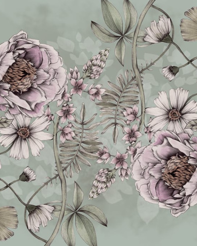 Tapet floral Spring Flower, Green cu flori mari de nuanțe pastelate și frunze verzi