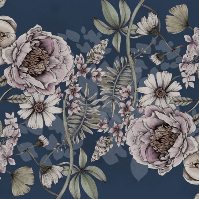 Tapet floral cu flori delicate pe un fundal albastru inchis.