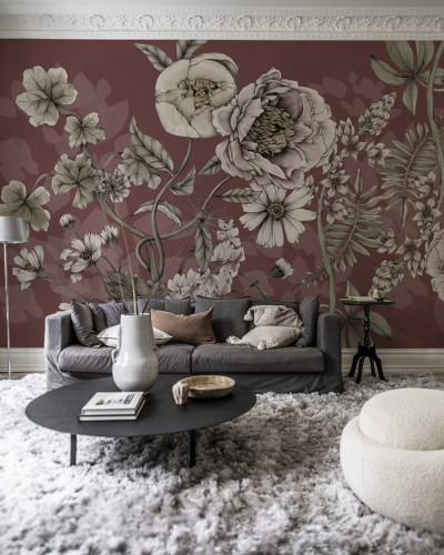 Tapet floral Spring Flower cu flori delicate si fundal ruginiu in living
