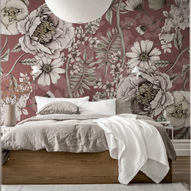 Tapet floral Spring Flower cu flori delicate si fundal ruginiu in living