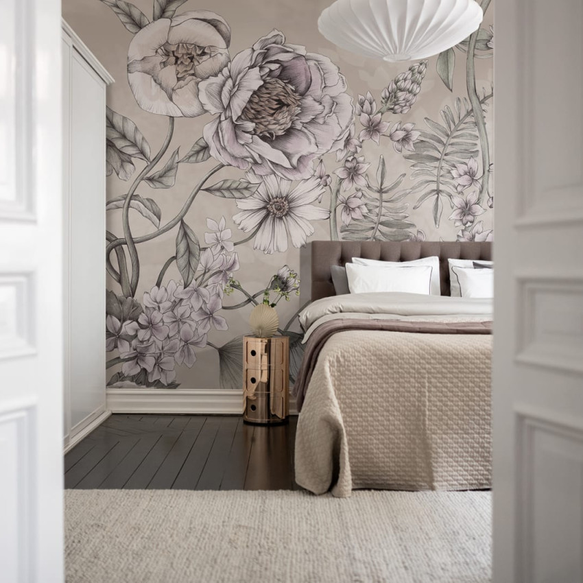 Tapet floral Spring Flower, Green cu flori mari de nuanțe pastelate și frunze verzi
