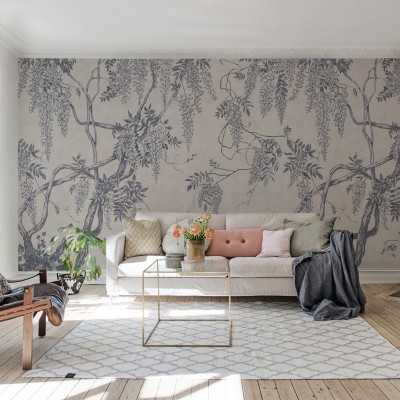 Tapet floral cu design wisteria albastru în living elegant