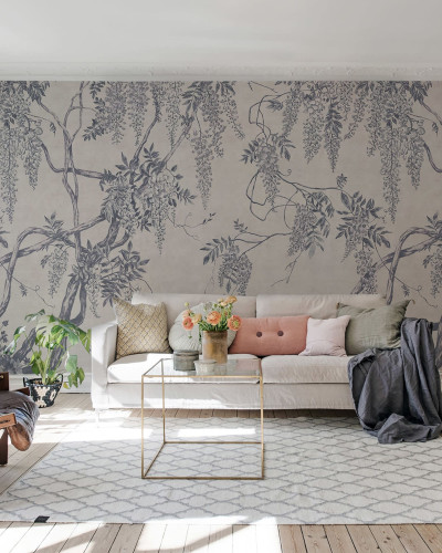 Tapet floral cu design wisteria albastru în living elegant