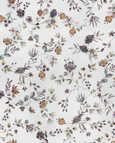 Tapet floral cu flori delicate, pictate în tonuri de toamnă calde, Blossom Fling, Autumn, cu un pat în fundal.