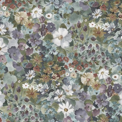 Tapet floral cu design artistic, cu accente de verde, albastru, roz, portocaliu și galben.