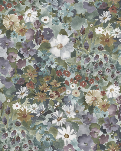 Tapet floral cu design artistic, cu accente de verde, albastru, roz, portocaliu și galben.