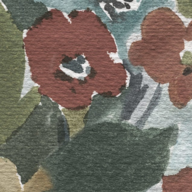 Tapet floral cu design artistic, cu accente de verde, albastru, roz, portocaliu și galben.