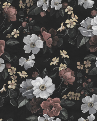 Tapet floral vintage cu flori albe și roz pale pe fundal negru