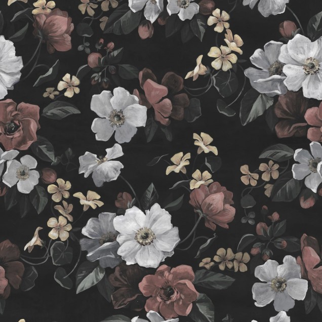 Tapet floral vintage cu flori albe și roz pale pe fundal negru