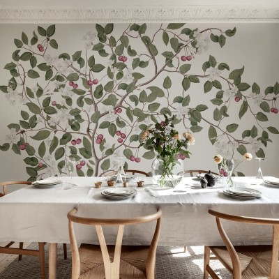 Tapet floral minimalist cu cireșe roșii pe un fundal alb.