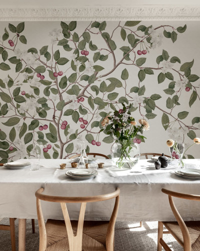 Tapet floral minimalist cu cireșe roșii pe un fundal alb.