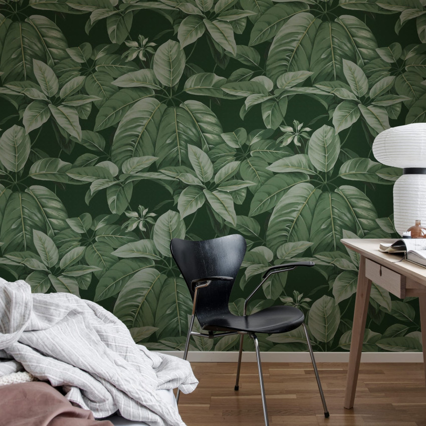 Tapet cu frunze mari, de un verde vibrant, pe un fundal alb. Design elegant și versatil, perfect pentru a adăuga o notă de culoare și prospețime oricărei camere.