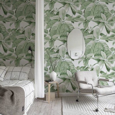 Tapet cu frunze mari, de un verde vibrant, pe un fundal alb. Design elegant și versatil, perfect pentru a adăuga o notă de culoare și prospețime oricărei camere.