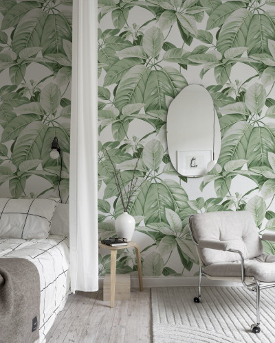 Tapet cu frunze mari, de un verde vibrant, pe un fundal alb. Design elegant și versatil, perfect pentru a adăuga o notă de culoare și prospețime oricărei camere.