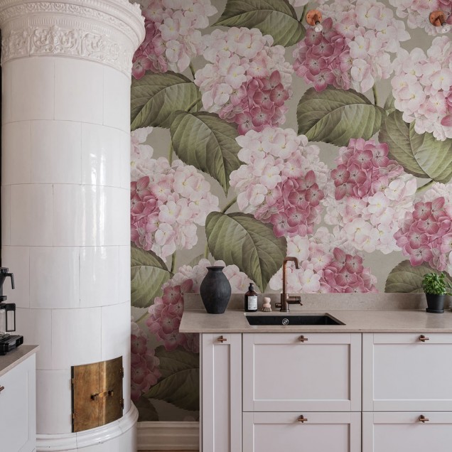 Tapet floral cu hortensie roz, design elegant